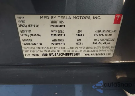2013 Tesla Model S Performance из США, поврежденный, VIN 5YJSA1CP4DFP23684